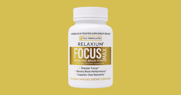 Relaxium Focus Max dietary supplement bottle for improved brain power and sharper focus with 30 vegan capsules