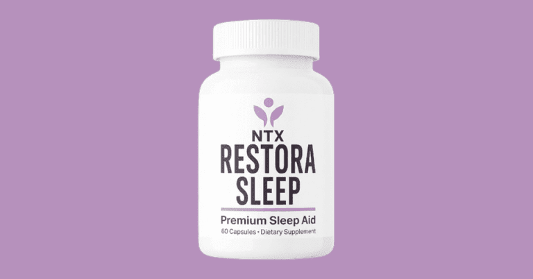 NTX Restora Sleep premium sleep aid dietary supplement bottle with 60 capsules on purple background