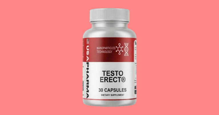 TestoErect dietary supplement bottle with 30 capsules by USA Pharma featuring nanoparticles technology on pink background