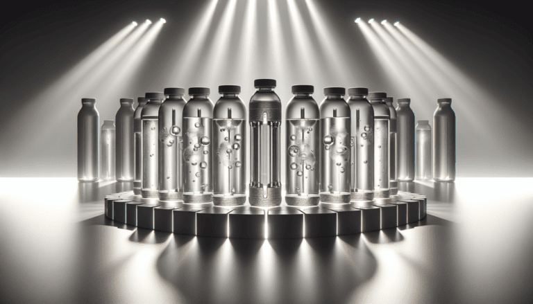 Sleek hydrogen water bottles with visible bubbles displayed under dramatic spotlights on dark pedestals