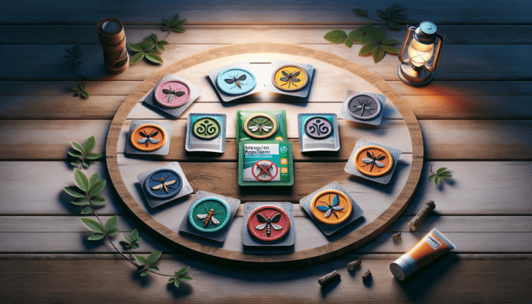 Colorful mosquito repellent patches arranged on a wooden table with a lantern and green leaves in the background