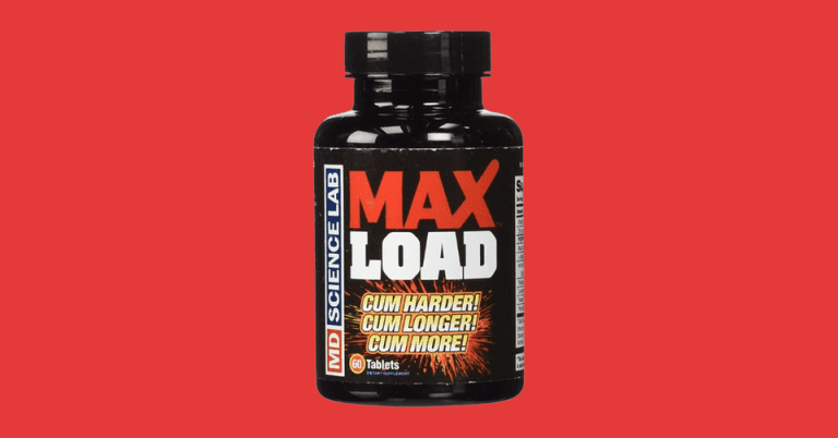 MD Science Lab Max Load dietary supplement bottle with 60 tablets on a red background