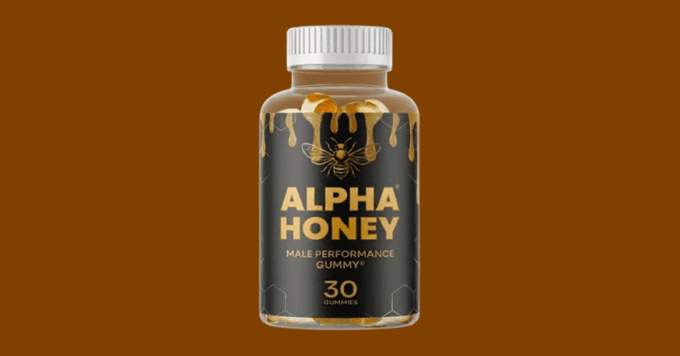 Alpha Honey Male Performance Gummy supplement bottle with 30 gummies and honey drip design on brown background
