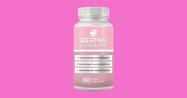 Derma Essential dietary supplement bottle with 60 capsules for healthy skin vitality and radiance on pink background