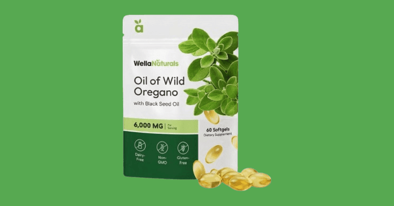 WellaNaturals Oil of Wild Oregano softgel pills 6000mg with Black Seed Oil, 60 count dietary supplement package