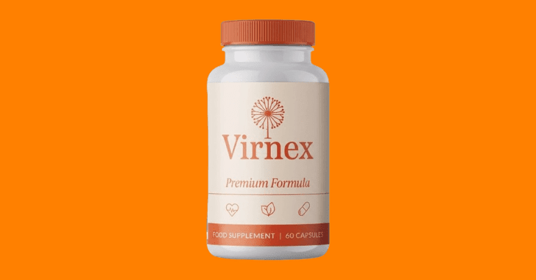 Virnex Premium Formula food supplement bottle with 60 capsules on an orange background