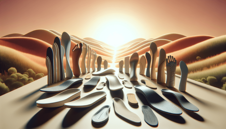 Orthotic insoles displayed on path through rolling landscape representing foot health and support solutions