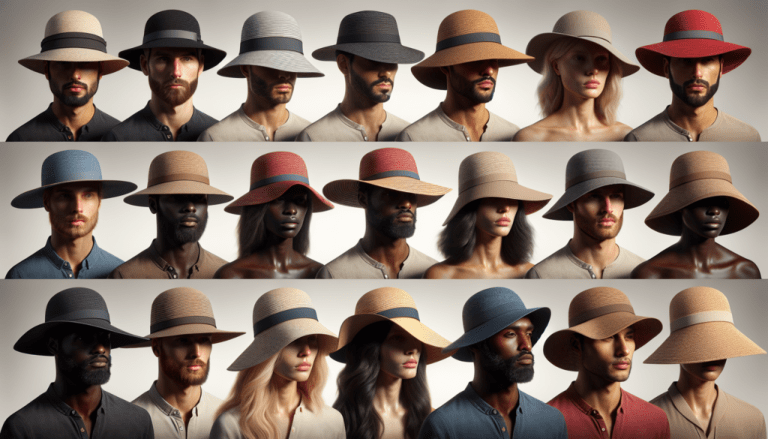 Diverse group of men and women wearing various wide-brim sun hats in neutral and bold colors for sun protection
