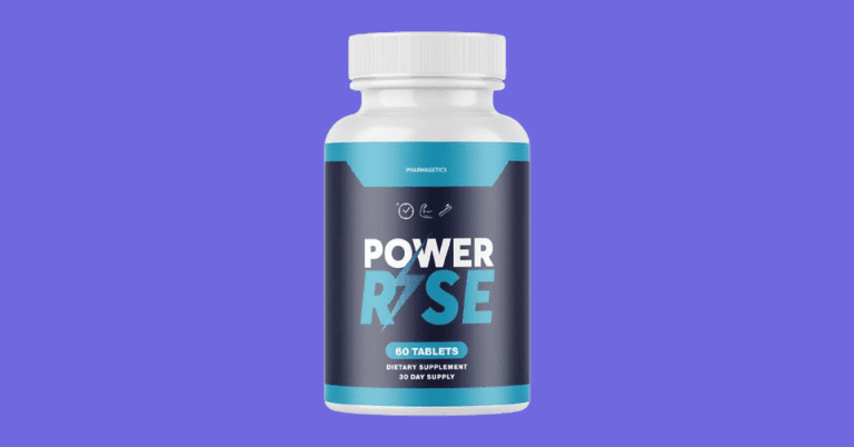 Power Rise dietary supplement bottle with 60 tablets 30-day supply by Pharmagetics on purple background