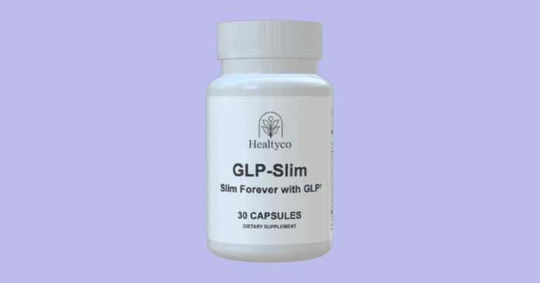 Healtyco GLP-Slim dietary supplement bottle with 30 capsules for weight management on purple background