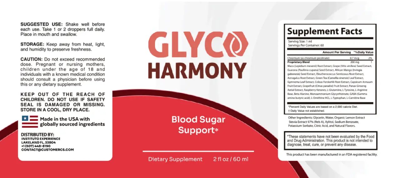 Glyco Harmony supplement facts label showing chromium picolinate and 200mg proprietary blend ingredients list