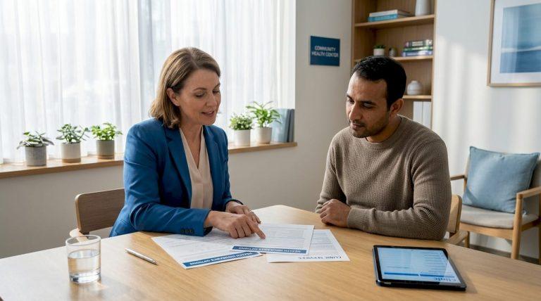 Healthcare worker assisting refugee at clinic